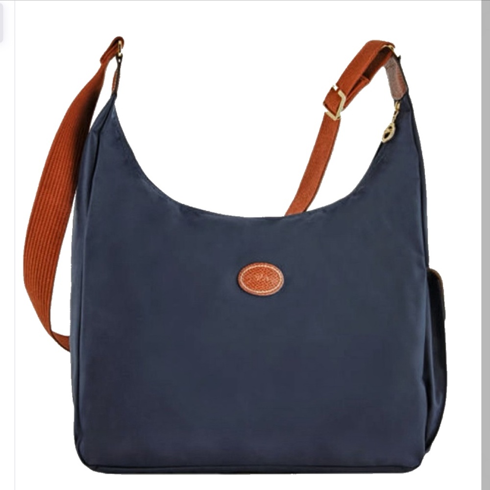 Longchamp Large Messenger Bag in Blue Nylon with Leather Accents